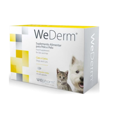 Caixa do suplemento alimentar WeDerm para cães e gatos, com imagens de um cão e um gato