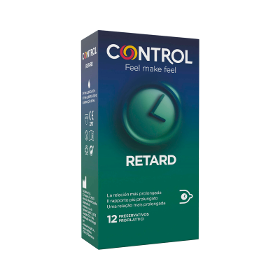 Caixa azul e verde de preservativos Control Retard com ícone de relógio e texto multilingue