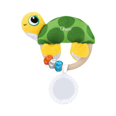 Brinquedo bebé tartaruga verde e amarelo com anel e espelho branco