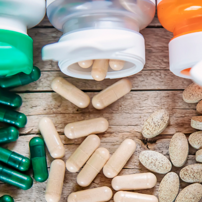 Três frascos de suplementos e cápsulas em superfície de madeira.