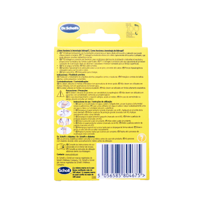Embalagem amarela de adesivos hidrogéis Dr. Scholls com instruções e código de barras