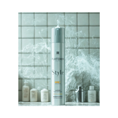 Frasco prateado spray fixador René Furterer Style num ambiente de casa-de-banho com azulejos brancos