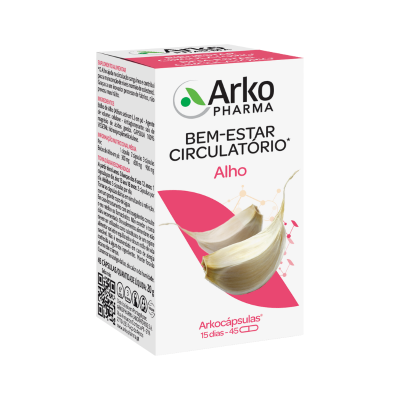 Caixa de suplemento alimentar Arko Pharma Bem-Estar Circulatório Alho com imagem de alho