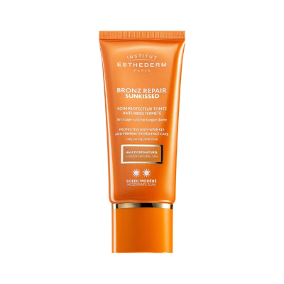Produto Institut Esthederm Bronz Repair Sunkissed embalagem laranja para cuidados faciais