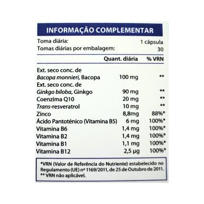 Rótulo de suplemento alimentar com tabela de ingredientes e dosagens em português
