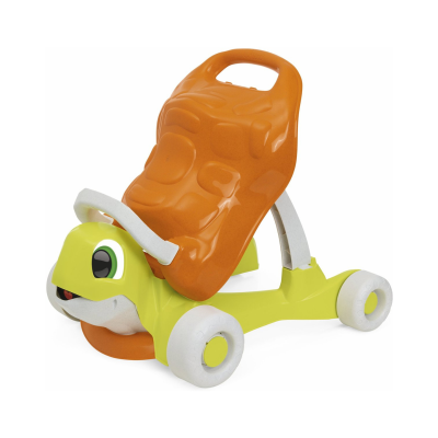 Cadeira infantil verde e laranja com rodas e design de tartaruga