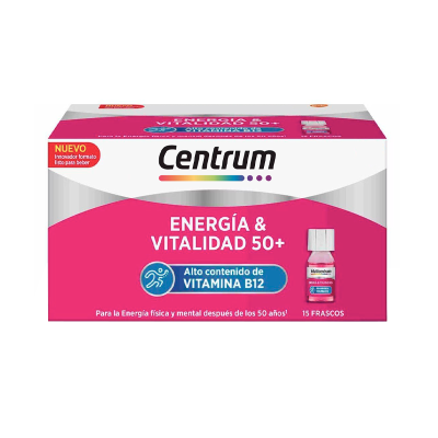 Caixa branca e rosa do suplemento Centrum Energia & Vitalidad 50+ com texto em espanhol