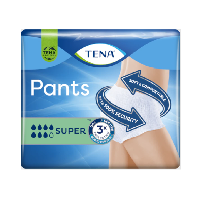 Embalagem azul de fraldas absorventes TENA Pants com ilustração de uma pessoa a usar roupa interior branca