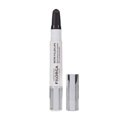 Lápis cosmético branco e prateado Nutri-Filler Lips da Filorga com tampa removida ao lado