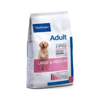 Saco de comida para cães Virbac Adult Large & Medium com cão e texto