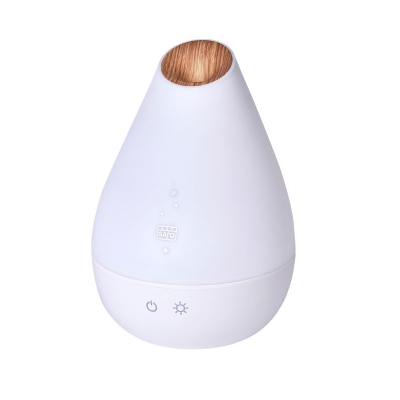 Difusor branco cónico com topo em madeira e botões de controle