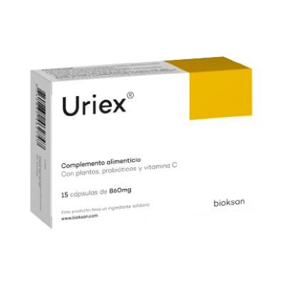 Embalagem de suplemento alimentar Uriex com texto em espanhol e design branco e amarelo.