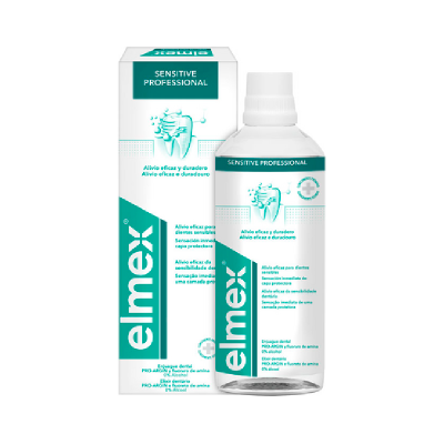Frasco e embalagem de produto dental Elmex Sensitive Professional com texto e gráficos em verde e branco