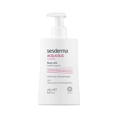 frasco branco com doseador e texto de produto de corpo Sesderma