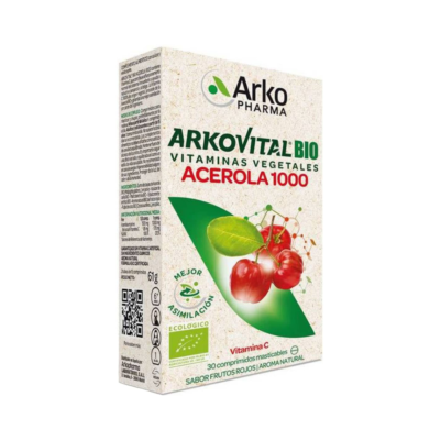 Caixa de suplemento Arkopharma Arkovital Bio Acerola 1000 com imagem de acerolas