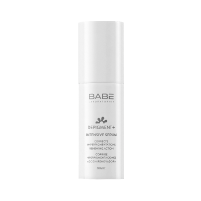 Frasco branco de sérum intensivo da marca BABE com texto impresso.