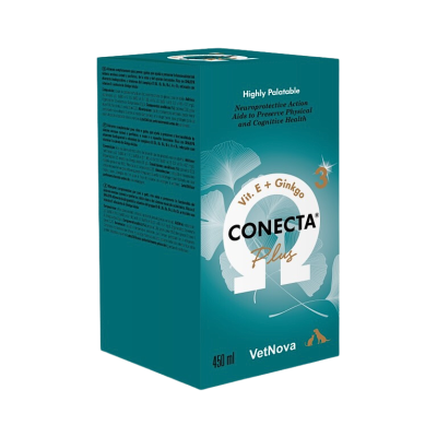 Caixa azul de suplemento VetNova para cães e gatos com texto CONECTA Plus e ícones animais
