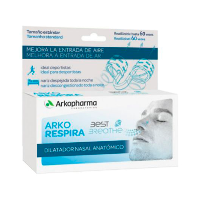 Embalagem de dilatador nasal anatómico Arkopharma Arko Respira com instruções bilíngues e imagem de homem usando o produto