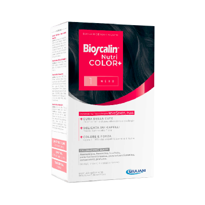 Caixa de tintura capilar Bioscalin Nutri Color+ cor 1 Nero branca com detalhes rosa.