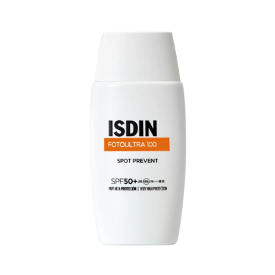 Frasco branco ISDIN FOToulTRA 100 proteção solar SPF 50+
