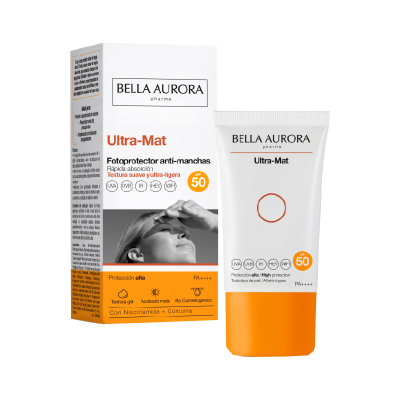 Protetor solar Bella Aurora Ultra-Mat com SPF 50 em embalagem branca e laranja.