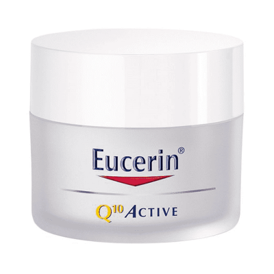 Frasco branco fosco de creme Eucerin Q10 Active com tampa branca brilhante