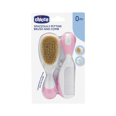Conjunto Chicco escova e pente em plástico branco e rosa com cerdas naturais e dentes arredondados