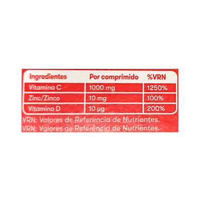 Tabela de ingredientes em etiqueta de suplemento alimentar com Vitamina C, Zinco e Vitamina D
