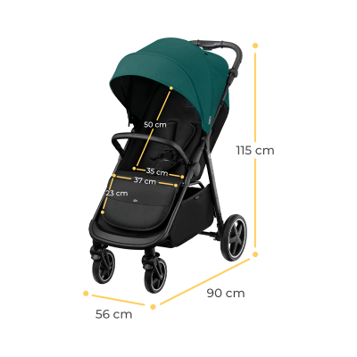 Carrinho de bebé preto com toldo verde e medidas indicadas.