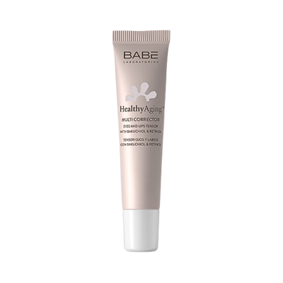 Tubo cor de rosa claro com tampa branca do produto BABÉ Healthy Aging Multi Corrector