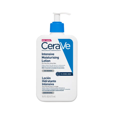 Frasco branco com tampa doseadora azul de loção CeraVe