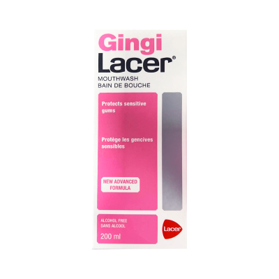 Embalagem branca e rosa de colutório Gingi Lacer 200 ml