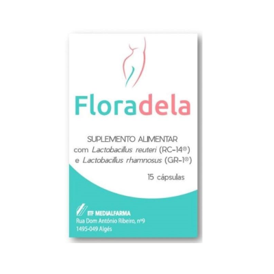 Embalagem de suplemento alimentar Floradela com design branco, turquesa e rosa