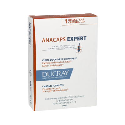 Embalagem de suplemento alimentar ANACAPS EXPERT da DUCRAY para queda de cabelo