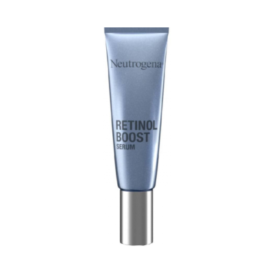 Frasco azul metálico de sérum Neutrogena Retinol Boost com tampa prateada