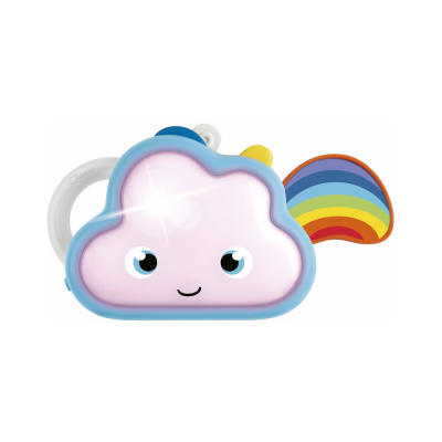 Brinquedo nuvem cor-de-rosa com olhos, sorriso, contorno azul e cauda arco-íris