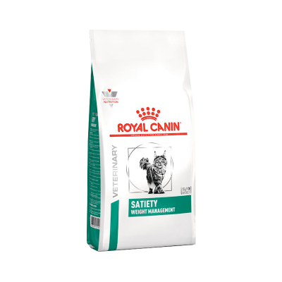 Pacote de alimento para gatos Royal Canin branco e verde com imagem de gato