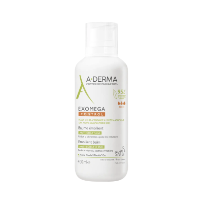 Frasco branco com tampa transparente de bálsamo A-DERMA EXOMEGA CONTROL 400 ml