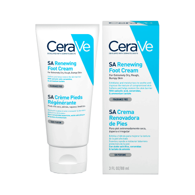 Creme para pés CeraVe SA Renewing Foot Cream em tubo branco com caixa azul e branca