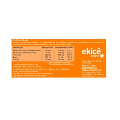 Etiqueta de suplemento Ekicê Imuno+ com texto descritivo em fundo laranja