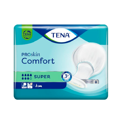 Embalagem azul e verde TENA Proskin Comfort Super com absorvente branco