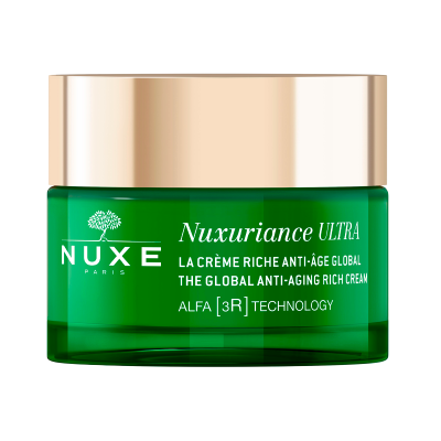 Frasco verde de creme Nuxuriance ULTRA da NUXE com tampa dourada.