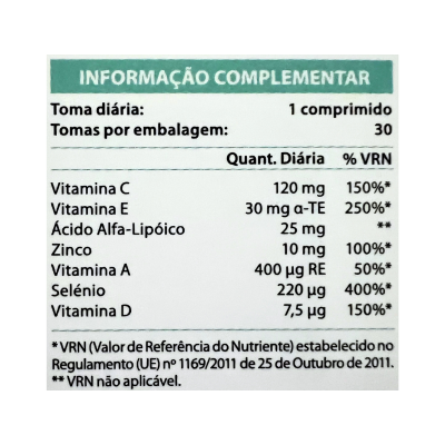 Etiqueta com informações nutricionais de suplemento vitamínico em português.