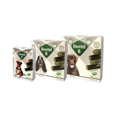 Embalagens do produto Dental B com cães e ossos verdes