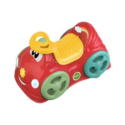 Brinquedo carrinho vermelho com rodas verdes e volante amarelo