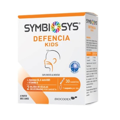 Pacote de suplemento alimentar SYMBIOSYS DEFENCIA KIDS branco e laranja com 30 saquetas
