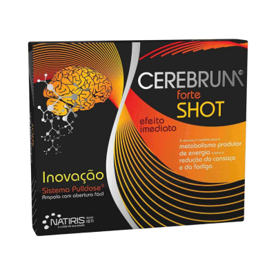 Embalagem do suplemento CEREBRUM forte SHOT com design colorido e texto informativo