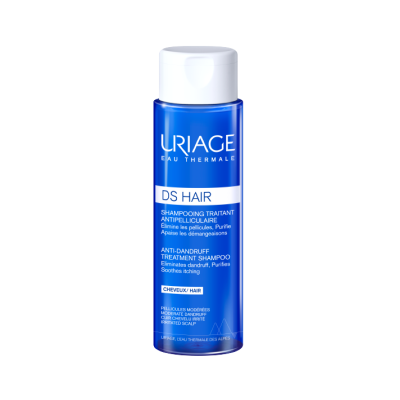 Frasco azul de champô anti-caspa URIAGE DS HAIR com tampa branca