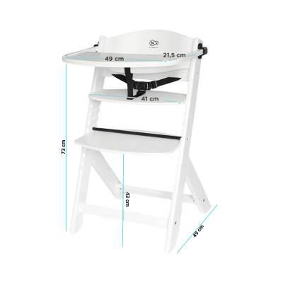 cadeira alta de madeira branca com cinto de segurança e bandeja removível