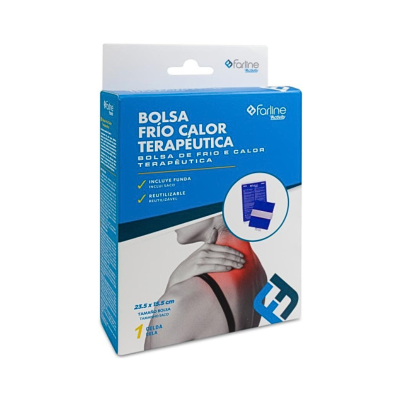 Embalagem azul de bolsa terapêutica frio calor Farline Activity com imagem de aplicação no pescoço